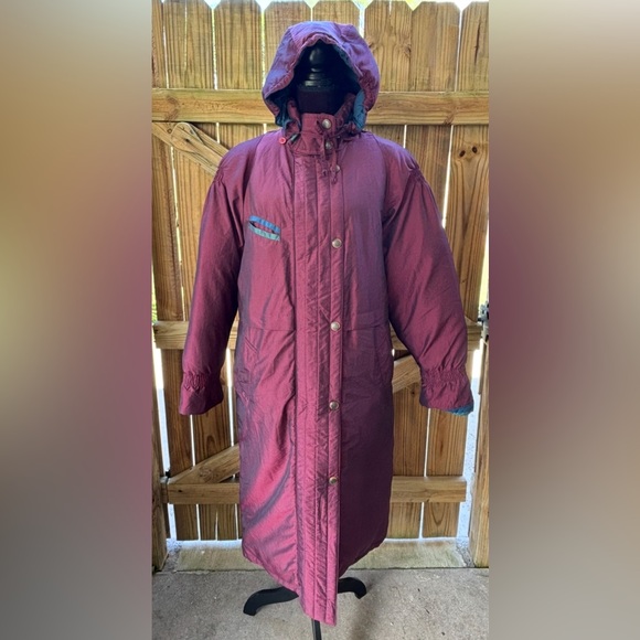Vintage John Weitz Down Puffer Cocoon Coat with Hood Purple Teal & Blue Size MP - Picture 16 of 16